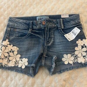 Jolt Blue Denim Shorts with White Floral Lace Appliqué